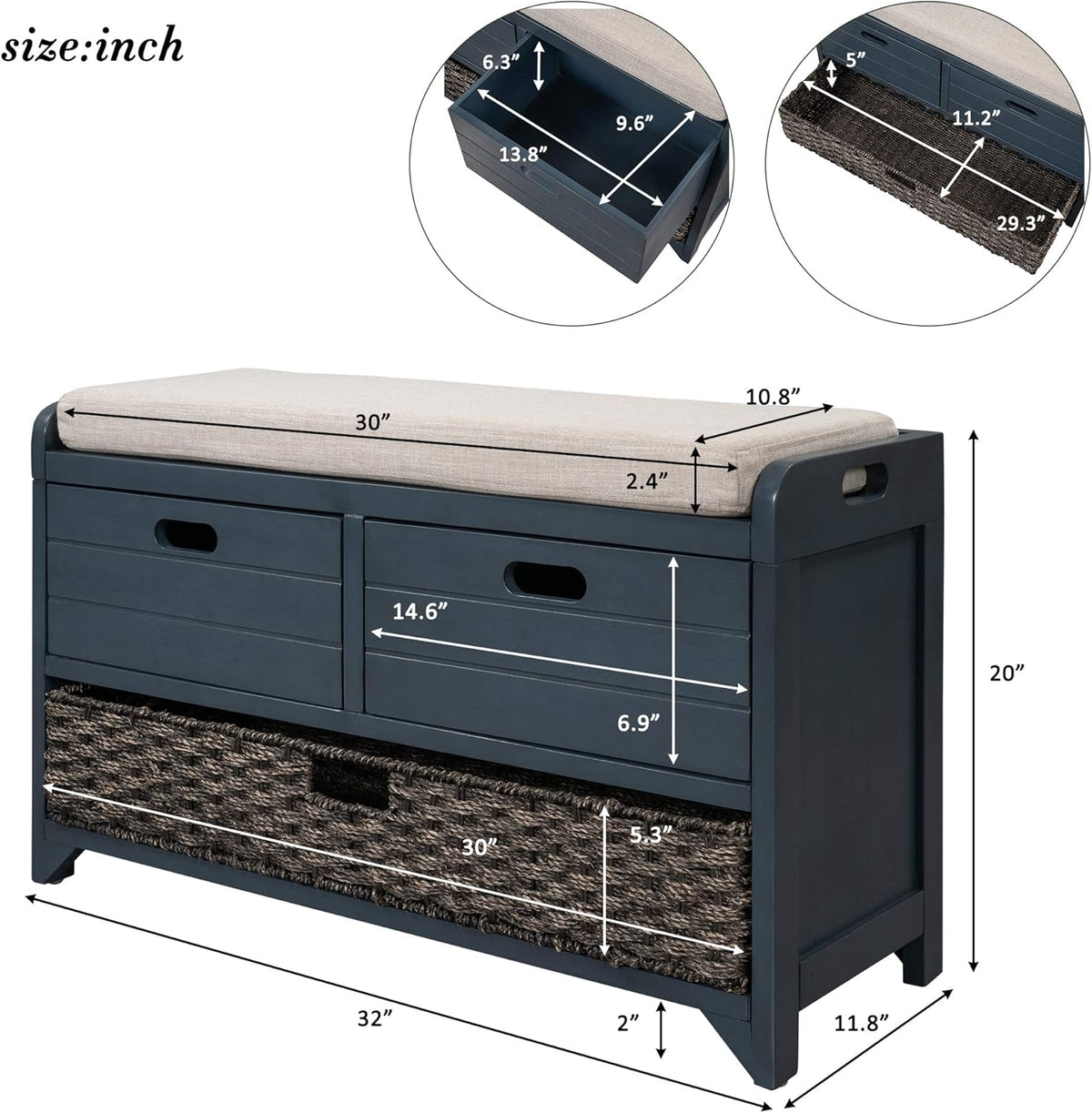 Storage Bench Removable Basket 2 Drawers Fully Assembled Acacia Wood Shoe Bench Standing Shoe Rack