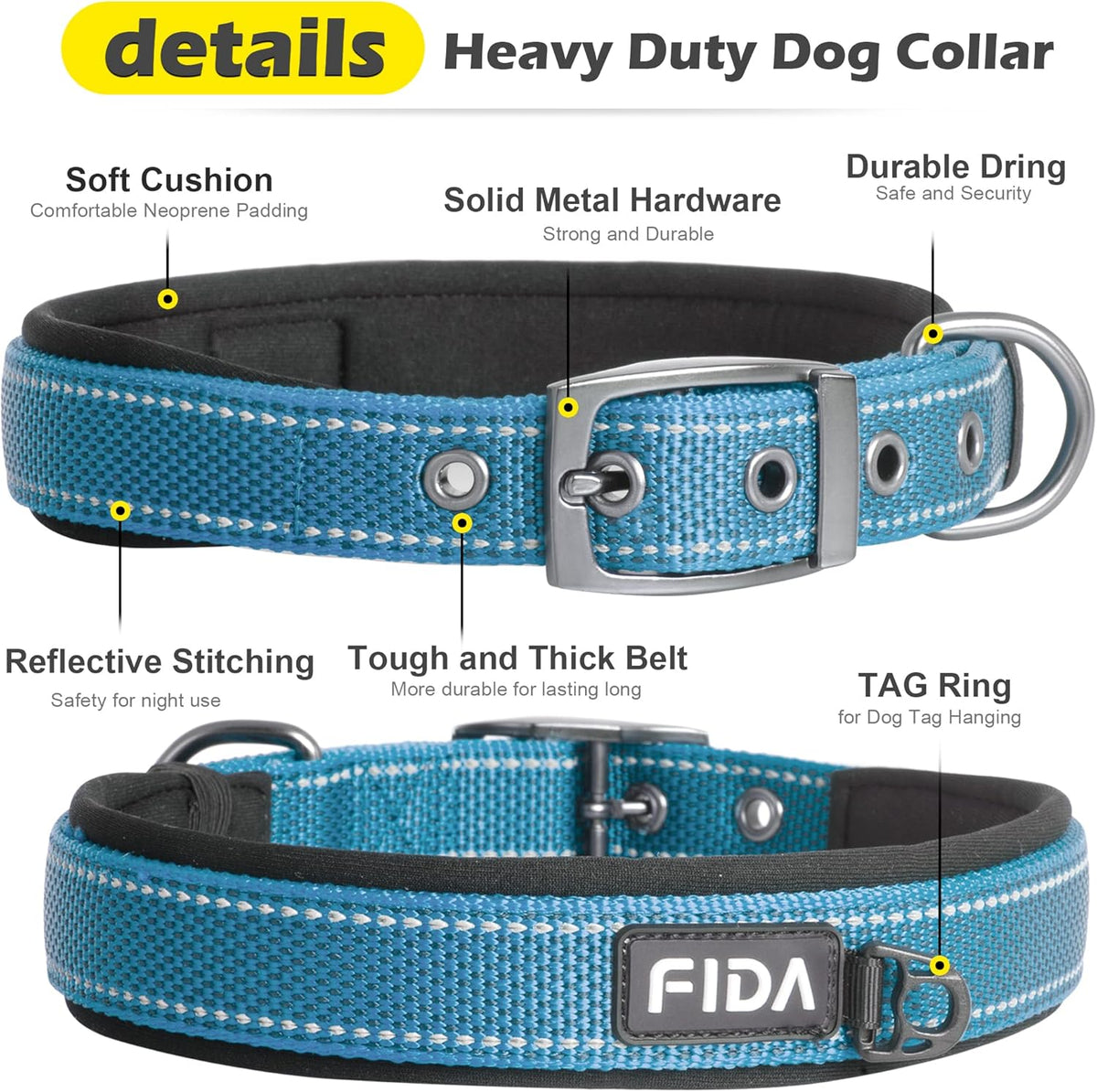Fida Heavy Duty Dog Collar, Ultra Comfortable Soft Neoprene Padded, Adjustable Reflective Nylon Pet