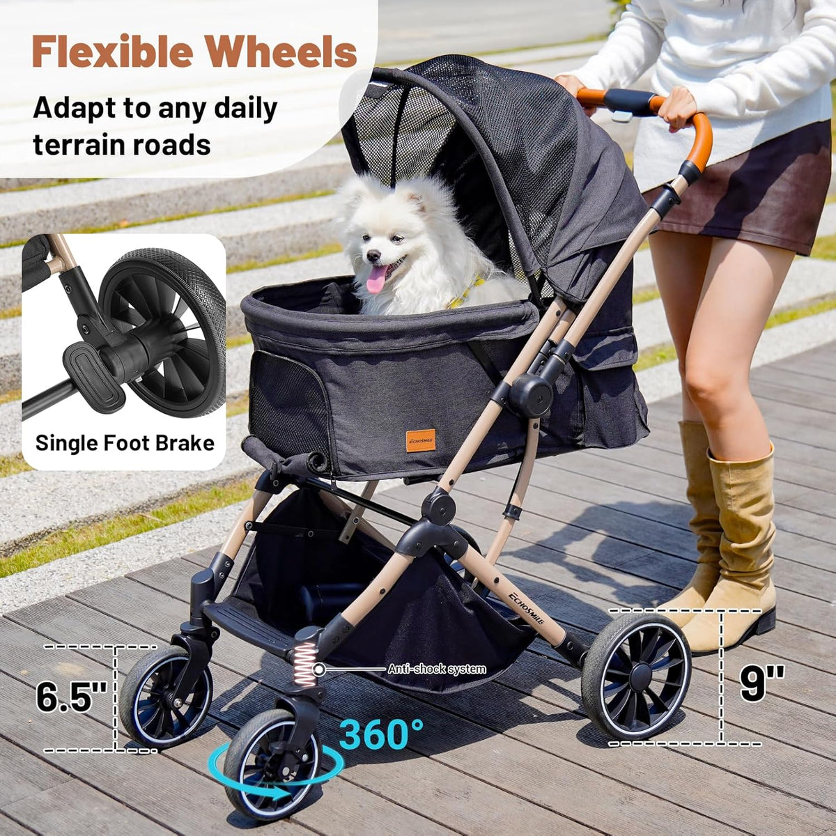 EchoSmile Small Medium Dogs Stroller 4-Wheel Pet Strollers for Medium Dogs Up to 50lbs, One Click