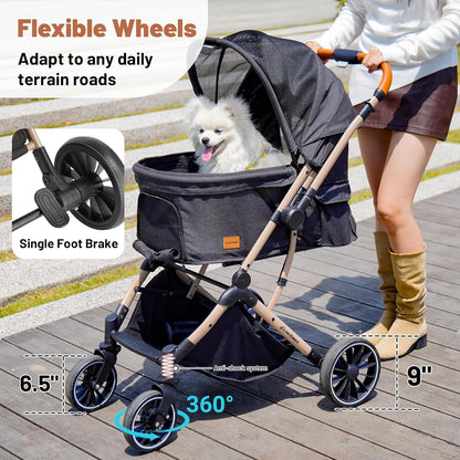 EchoSmile Small Medium Dogs Stroller 4-Wheel Pet Strollers for Medium Dogs Up to 50lbs, One Click