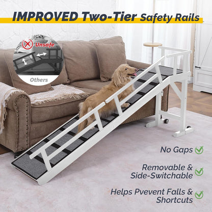 Dog Ramp for Bed or Couch, Wooden Pet Ramp with 20° Gentle Slope, Removable Side Rails, Non-Slip