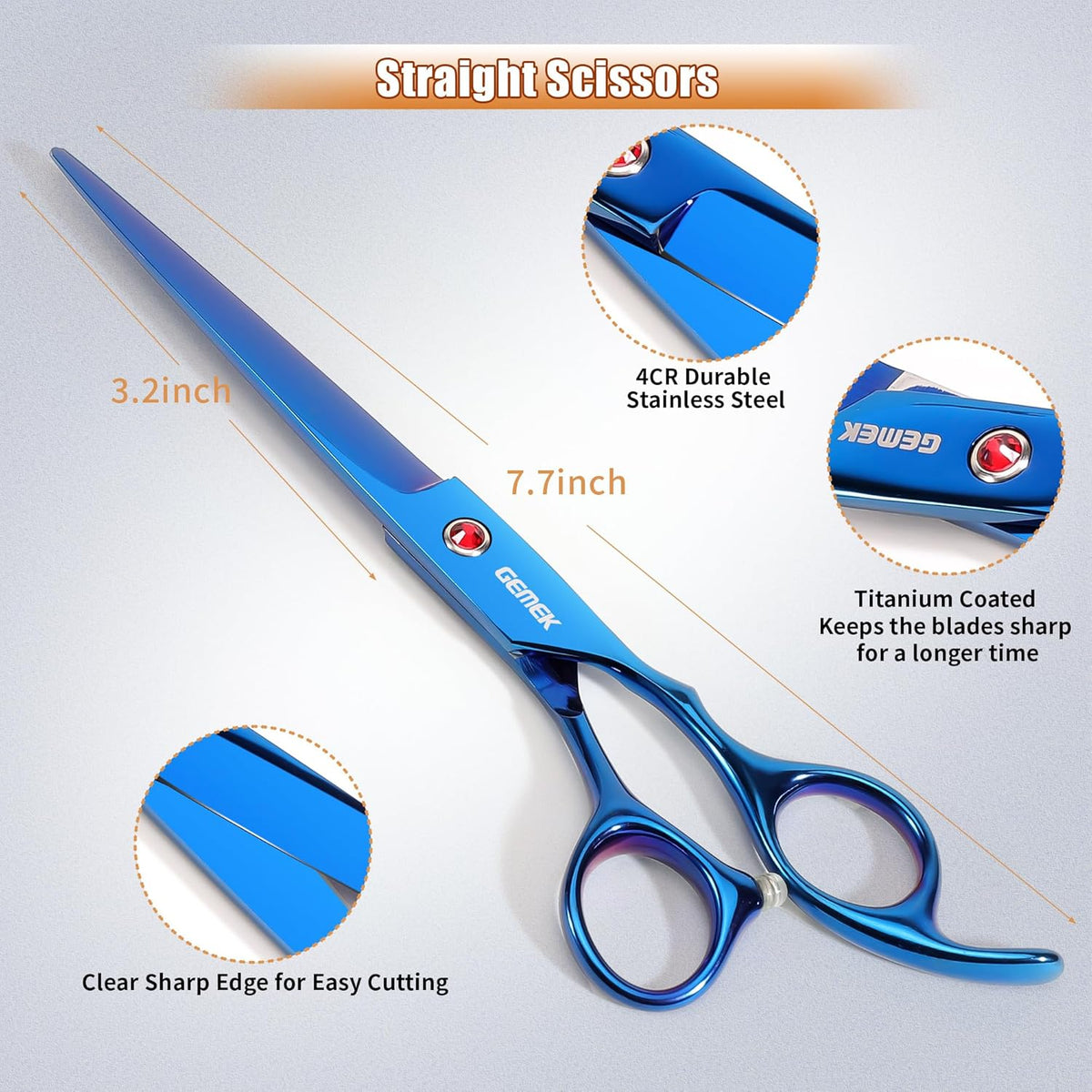 7.0in Titanium Professional Pet Grooming Scissors Set, GEMEK 6 in 1 Straight & Thinning & Upwards