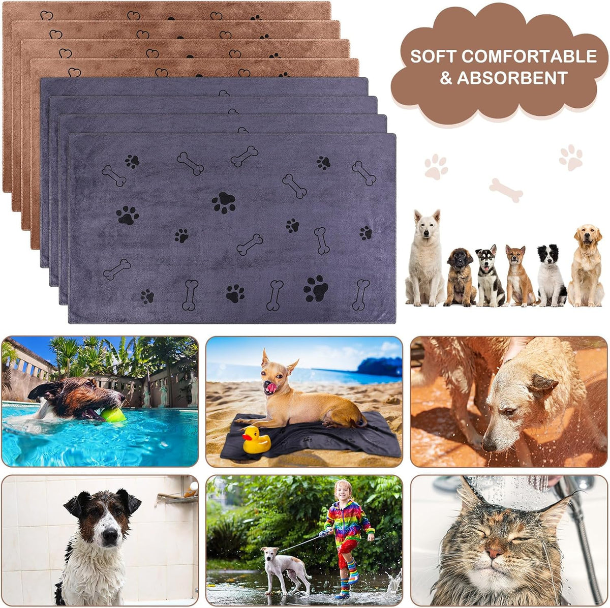 Chumia 8 Pcs Dog Towels for Drying Dogs Cats Pet Towels Bulk Puppy Microfiber Quick Drying Paw Bath