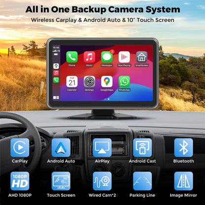 HD1080P Wired Backup Camera System with Apple Carplay & Android Auto,10'' Touch Screen Monitor, 2