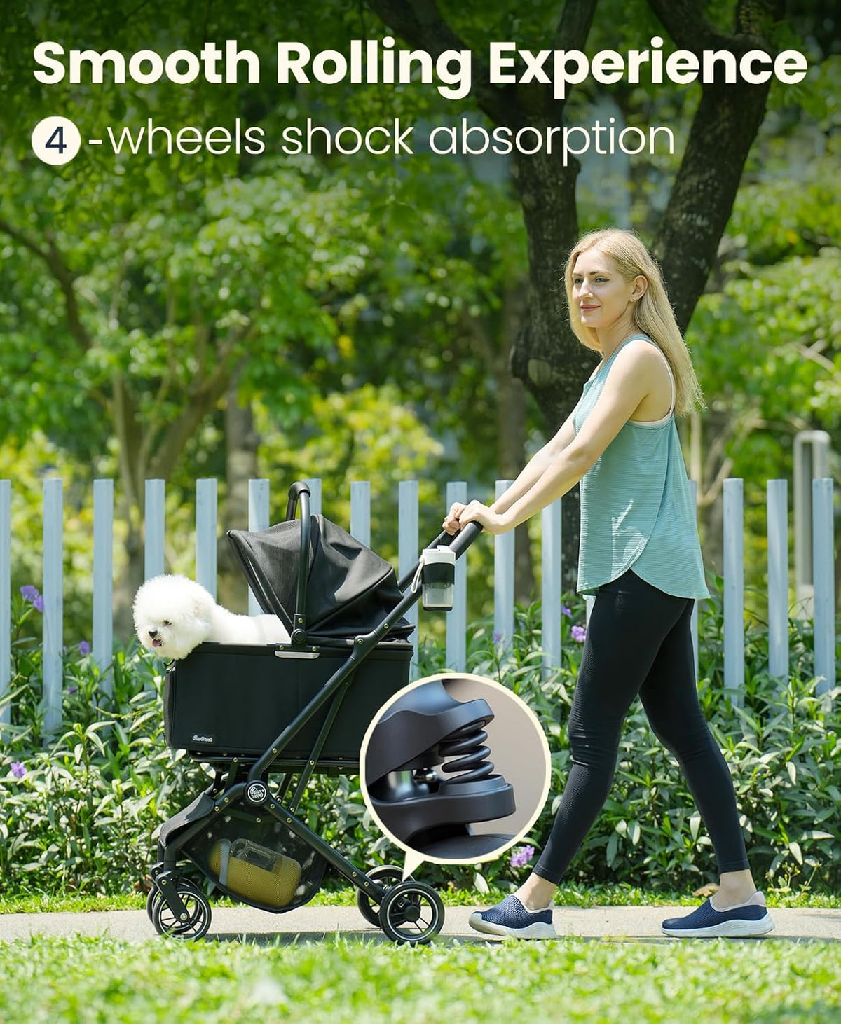 4 Wheels Pet Stroller, Dog Stroller for Small/Medium Dogs and Cats up to 33 lbs, One-Click Fold &