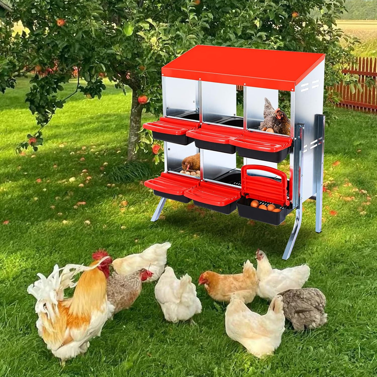 Chicken Nesting Box, 6 Hole 2 Layer Hen Nest Boxes with Legs, Roll Away Eggs Laying Boxes,Cleanable
