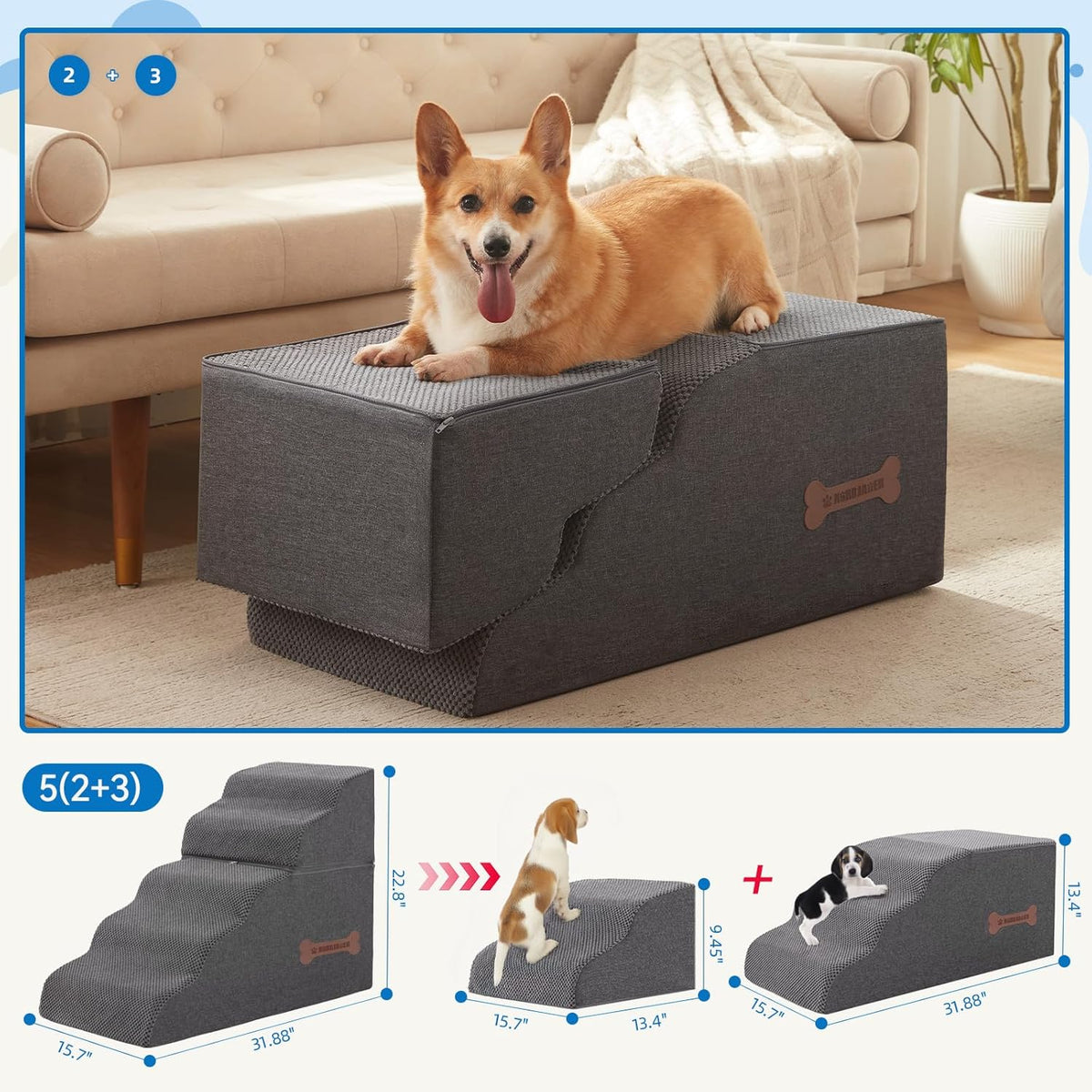 5-Step Spliceable Pet Stairs: Indoor& Outdoor Multi-Use with a Removable Cover and a Pocket, Best