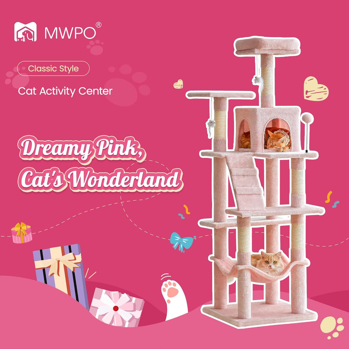 MWPO 63.8-Inch Pink Cat Tree for Indoor Cats, Multi-Level Cat Tower with Sisal-Covered Scratching