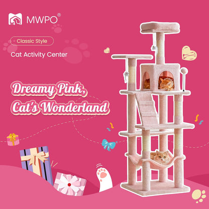 MWPO 63.8-Inch Pink Cat Tree for Indoor Cats, Multi-Level Cat Tower with Sisal-Covered Scratching