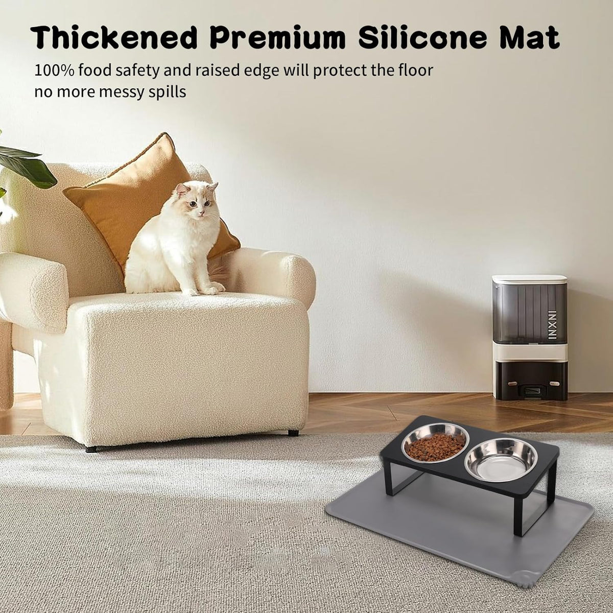 Upgraded Elevated Cat Bowls with Food Mat,15°Tilted Stand Anti Vomiting Raised Cat Dishes for Food