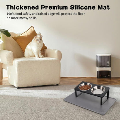 Upgraded Elevated Cat Bowls with Food Mat,15°Tilted Stand Anti Vomiting Raised Cat Dishes for Food