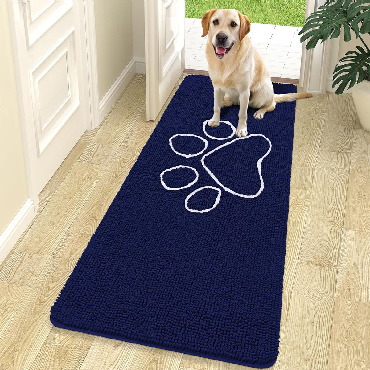 OLANLY Door Mat for Muddy Dog Paws 70x24, Ultra Absorbent Chenille Mud Doormat with Paw Print