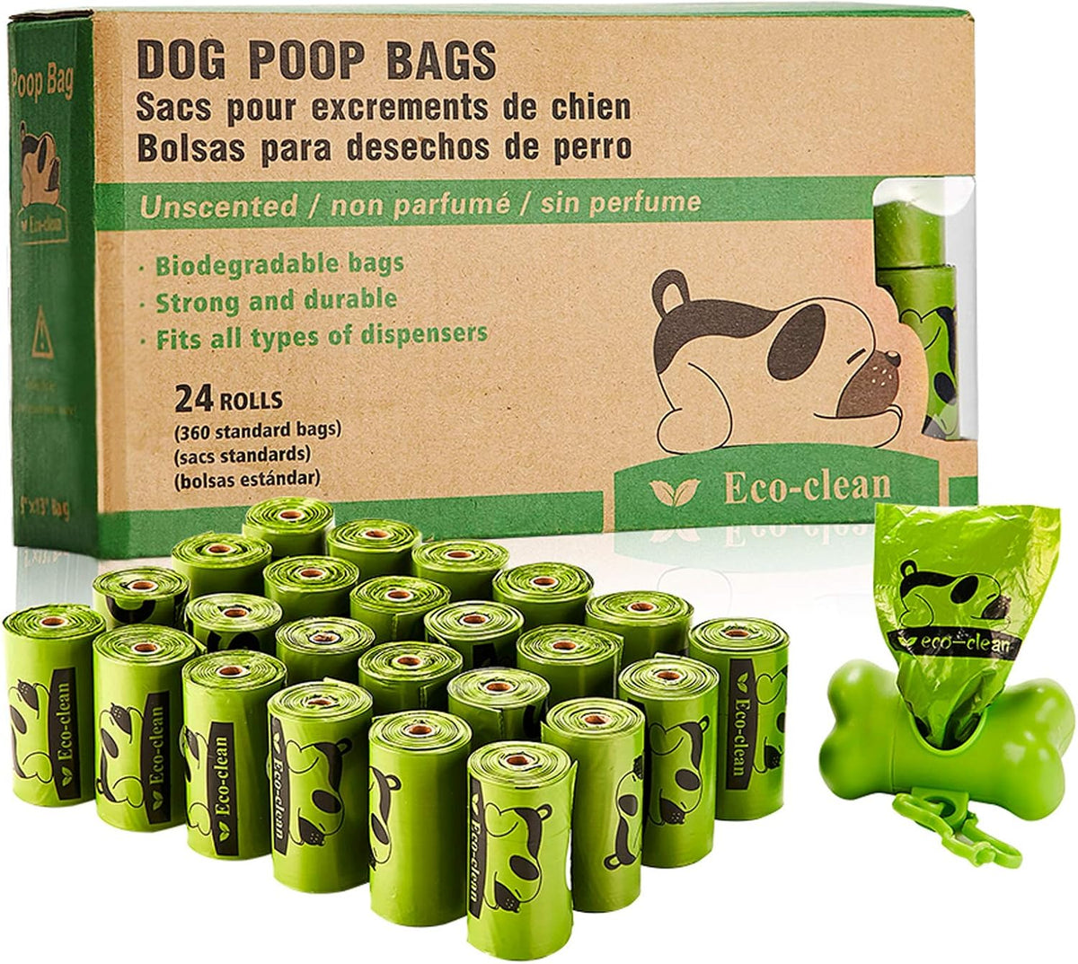 ECO-CLEAN Dog Poop Bags, 24 Rolls/360 Bags with Dispenser, Dog Waste Bags, Unscented, Leak-Proof