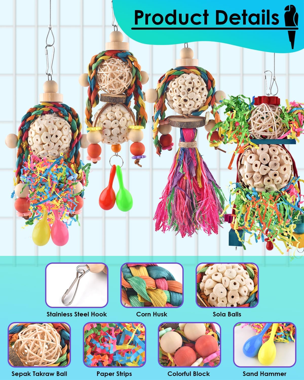 Bissap Conure Toys, 4 PCS Bird Parrot Foraging Shredder Hanging Toys Sola Balls with Sand Hammer