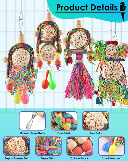 Bissap Conure Toys, 4 PCS Bird Parrot Foraging Shredder Hanging Toys Sola Balls with Sand Hammer