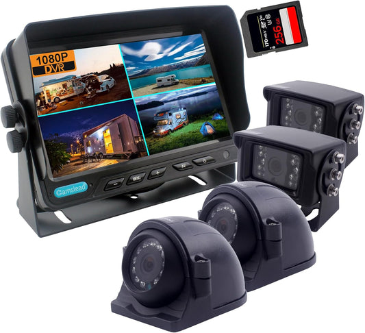 10 inch Screen 1080P Backup Camera System with Wired, DVR Recorder, Quad Split Screen, Car Monitor