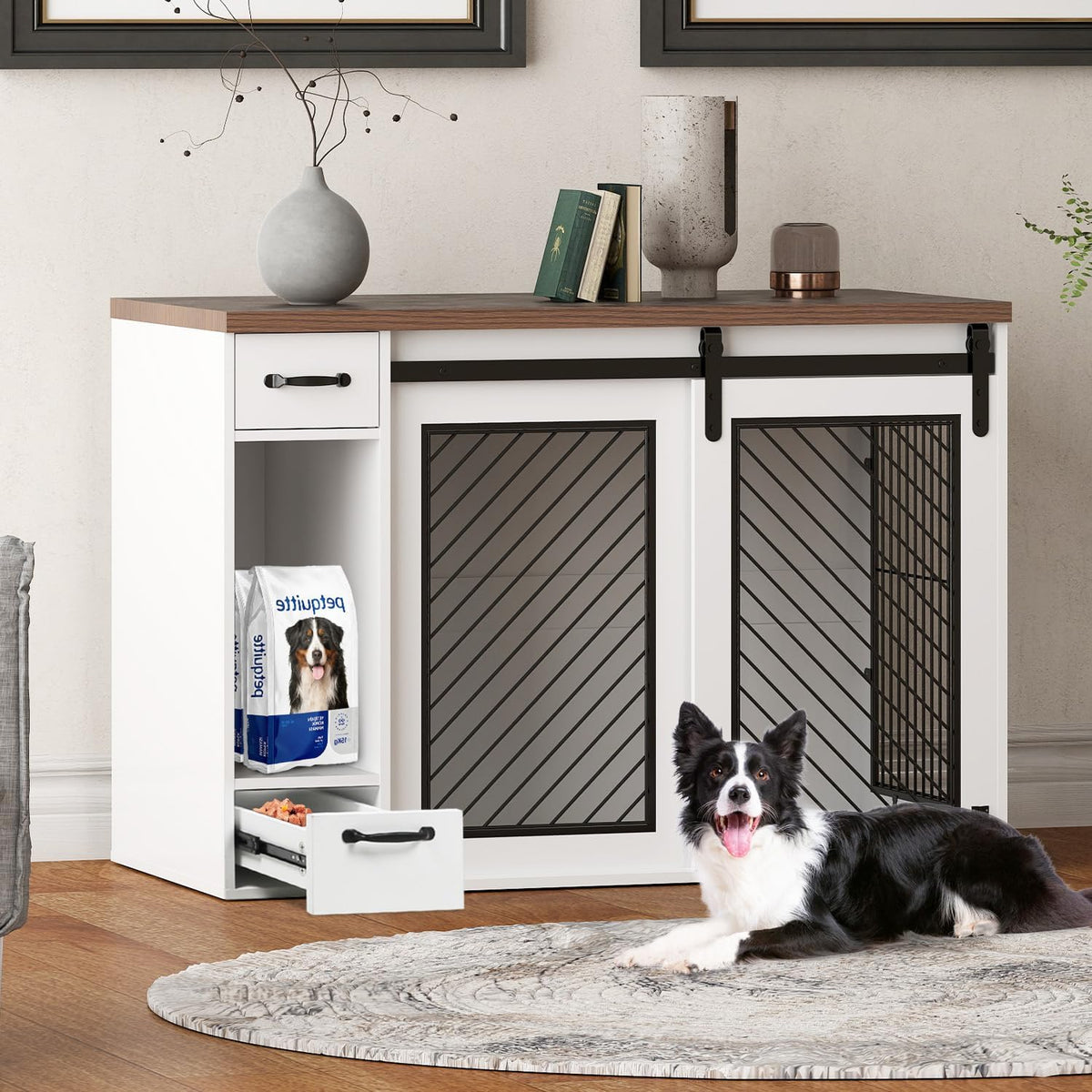 Large Dog Crate, Dog Crates for Medium Dogs, 47.2" Dog Kennel Indoor with Drawers, Feeder Bowls and