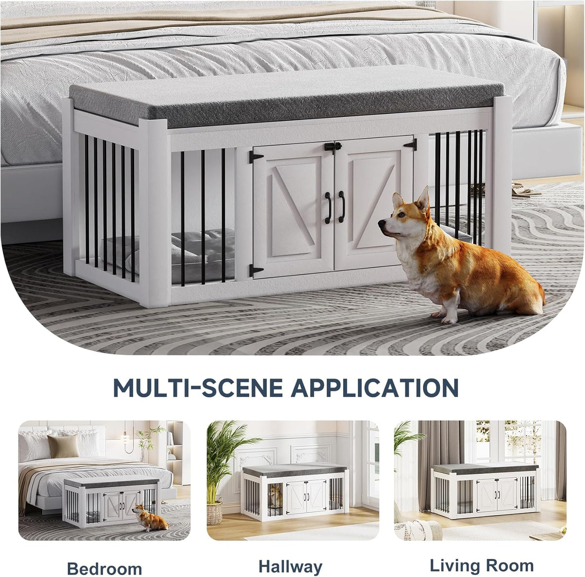 Dog Crate Furniture with Padded Seat, Luxury Wooden Dog Kennel, End of Bed Bench Ottoman with