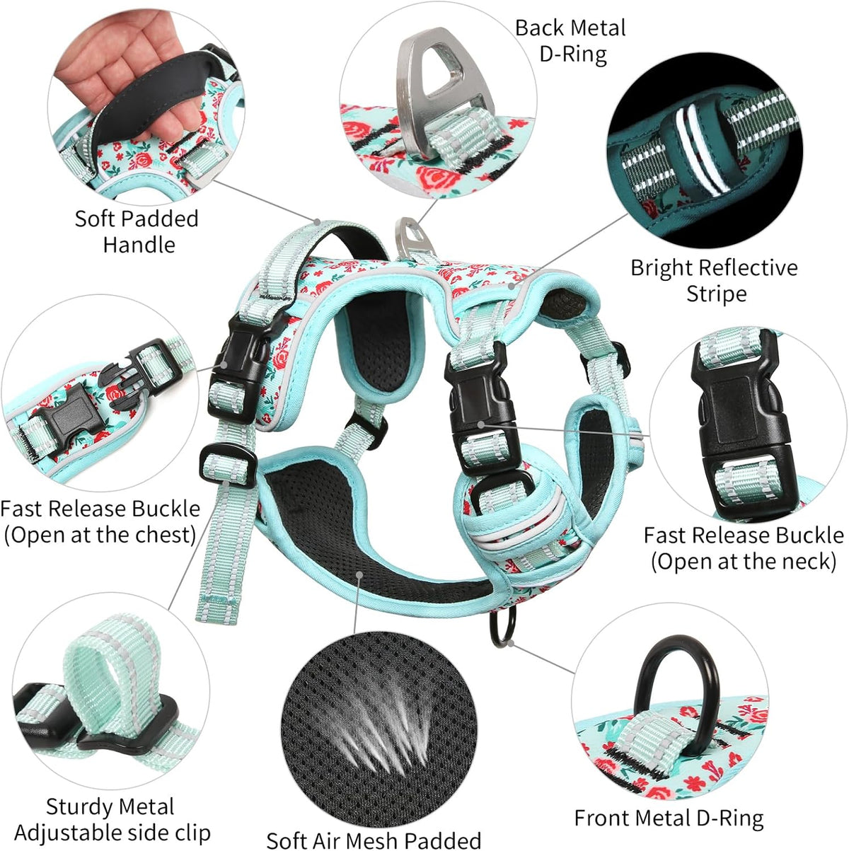 Timos Dog Harness, No-Pull Pet Harness with 2 Leash Clips, 3 Snap Buckles Adjustable Soft Padded