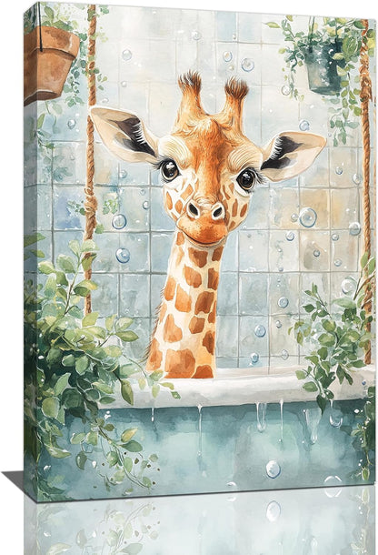 Bathroom Funny Giraffe Pictures Wall Art, Watercolor Giraffe Bathroom Wall Decor, Animal Framed