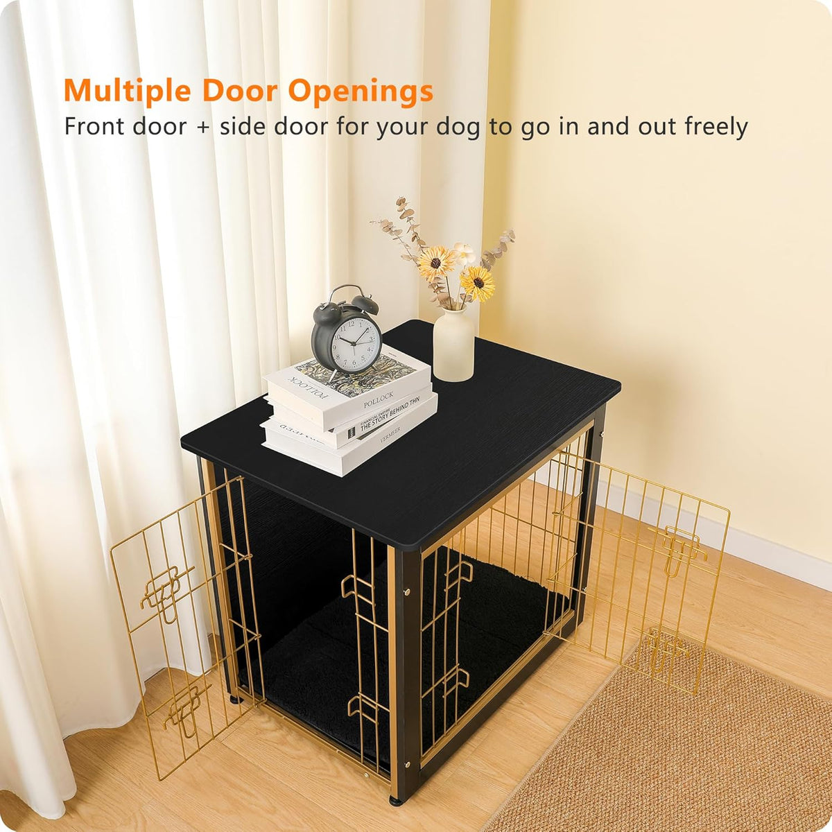 DWANTON Dog Crate Furniture with Cushion, Wooden Kennel Table with Double Doors, Indoor Dog House