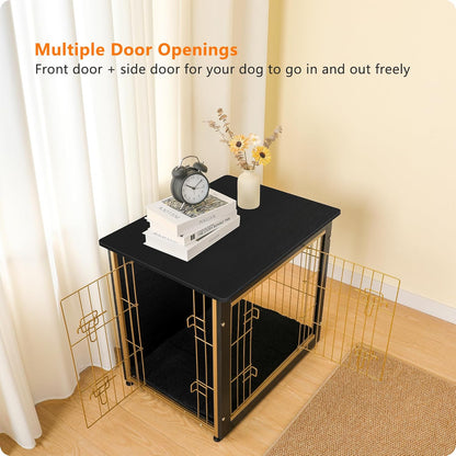 DWANTON Dog Crate Furniture with Cushion, Wooden Kennel Table with Double Doors, Indoor Dog House