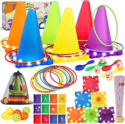 Eocolz 49PCS Carnival Games Outdoor Combo Set for Kids with LED Light, Plastic Cones Obstacle