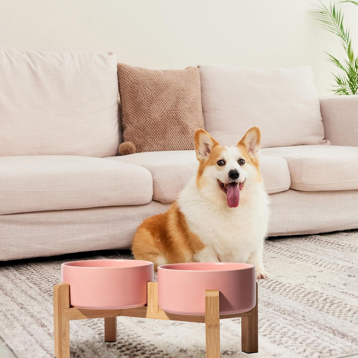 Elevated Ceramic Dog Bowl Set - Raised Dog Bowls with Non-Slip Bamboo Stand - Dog Food and Water