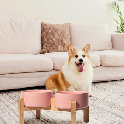 Elevated Ceramic Dog Bowl Set - Raised Dog Bowls with Non-Slip Bamboo Stand - Dog Food and Water