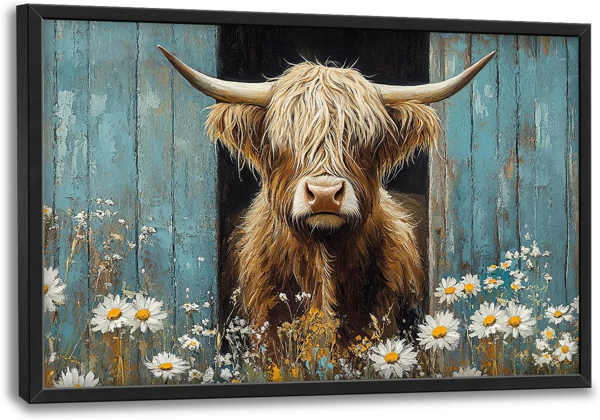 Large Farmhouse Highland Cow Country Wall Art for Living Room, Floral Canvas Oversized Wall Decor