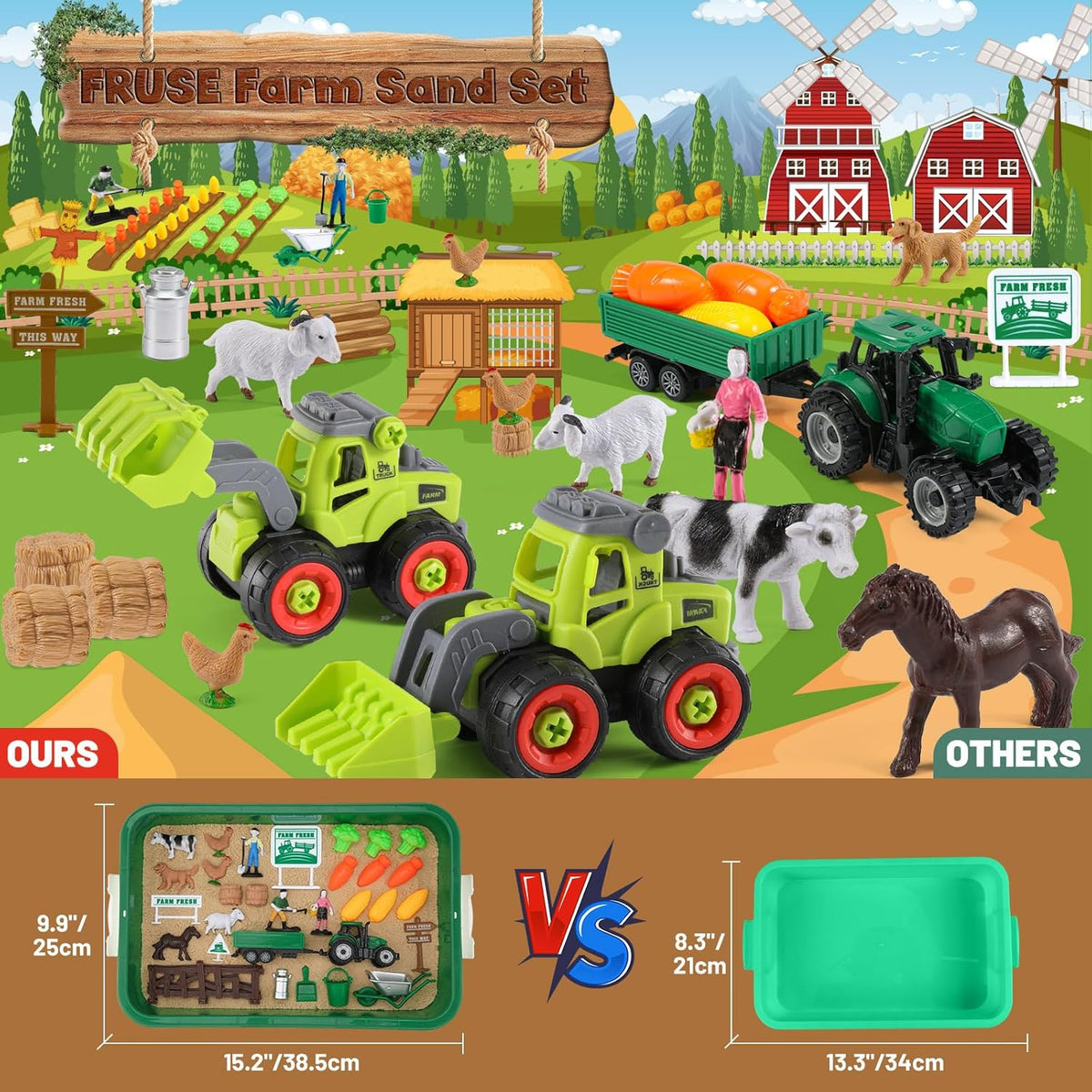 FRUSE Play Sand Farm Toys,Sensory Bins for Toddlers with 2.2lbs Sensory Play Sand,Farm Figures &