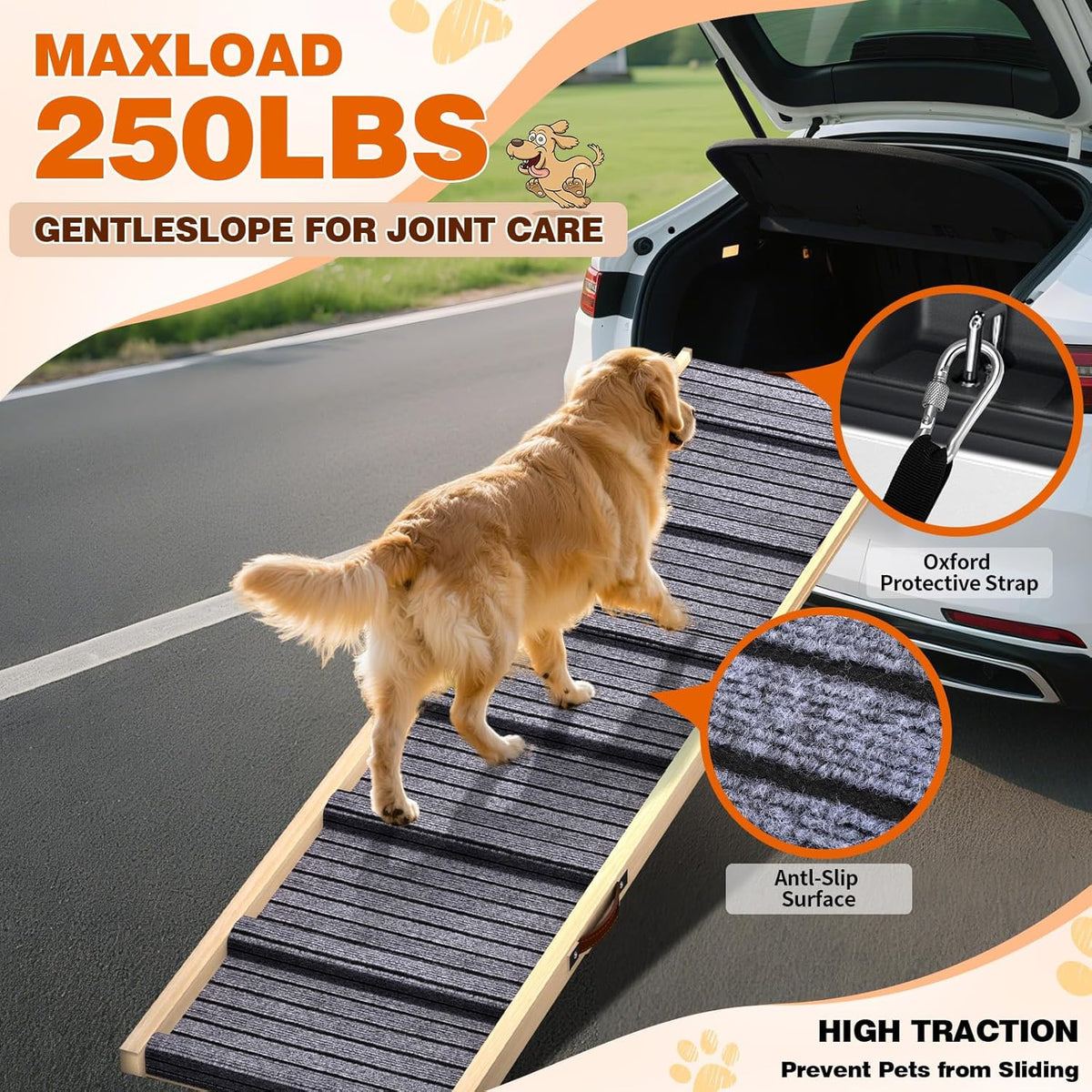 Dog Ramp for Car, 71''x 17'' Extra Long Deluxe Telescoping Design Wooden Pet Ramp, Pet Stair Ramps