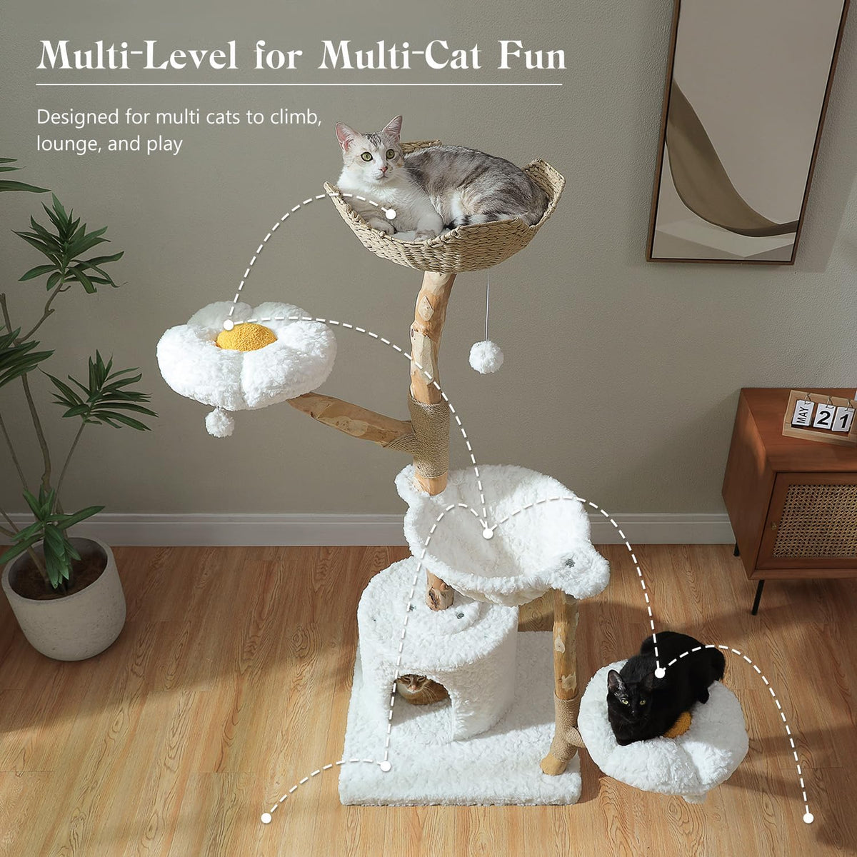 59" Modern Cat Tree Tower for Large Cats w/2 Flower Perches-Natural Solid Wood Scratching Post with