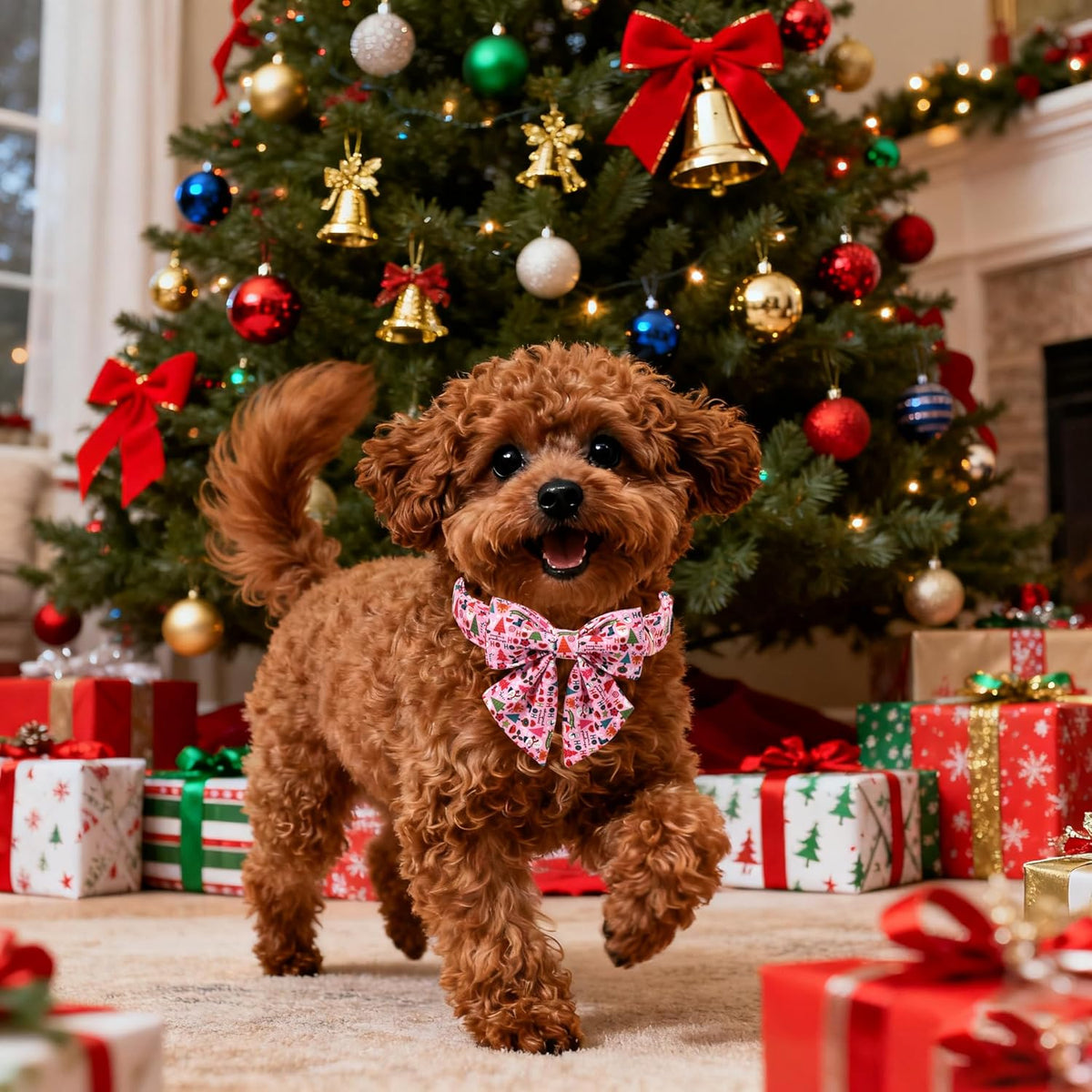 Lionet Paws Christmas Dog Collar with Sailor Bow, Cute Ho Christmas Tree Snowman Pink Dog Collar