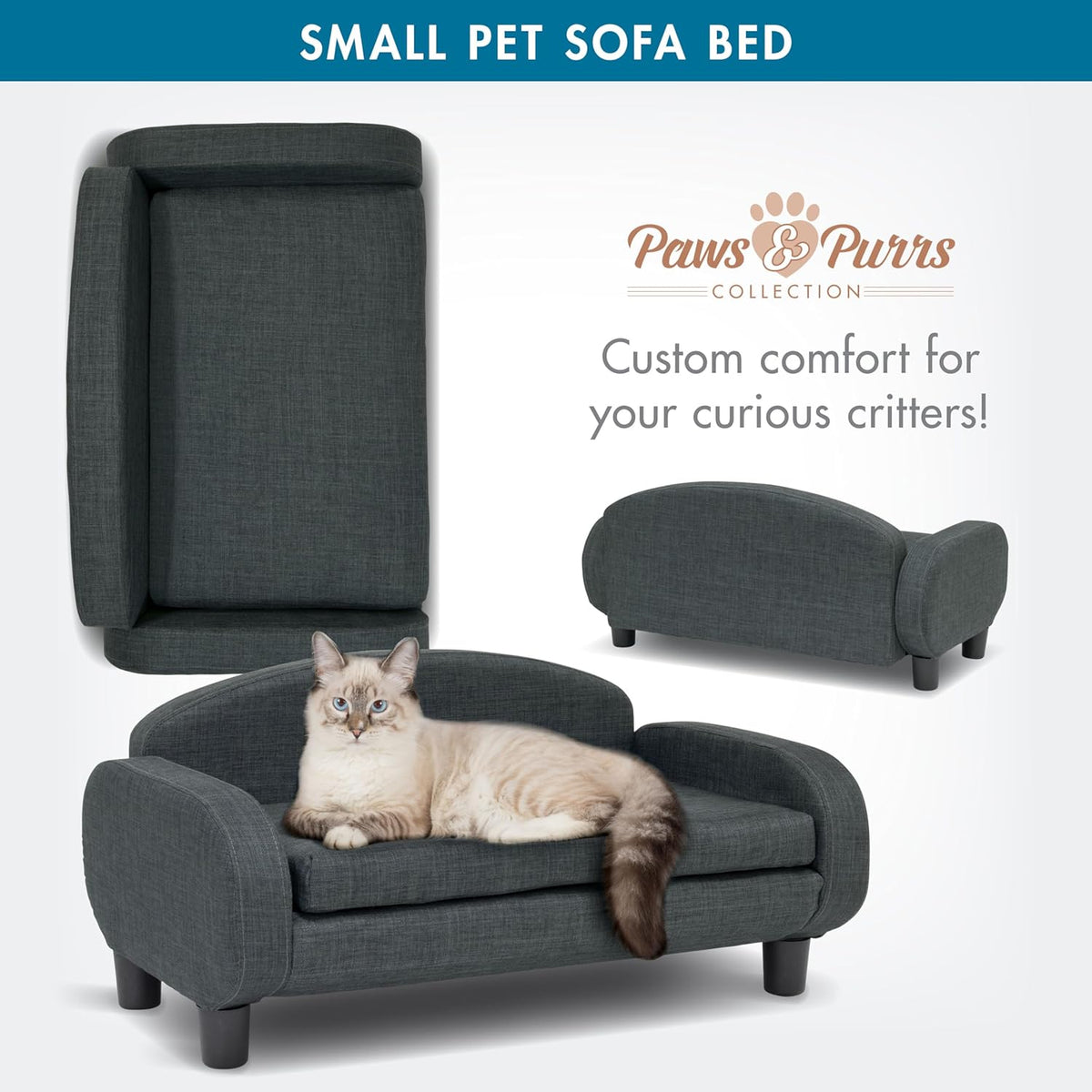 Paws & Purrs Cat Sofa Bed, Pet Couch for Indoor Cats Elevated Cat Beds with Removable Washable
