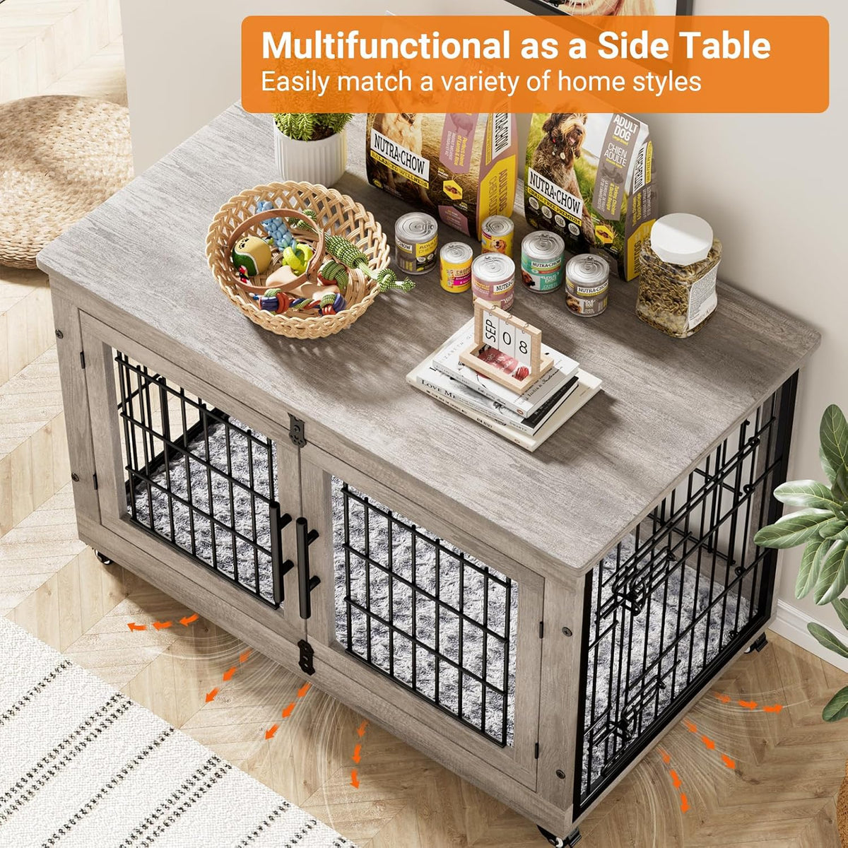 Lulive Large Dog Crate Furniture, 38'' Wooden Dog Crate End Table, Double Door Dog Kennel Indoor