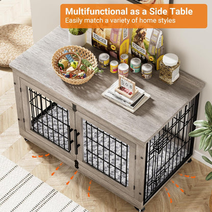 Lulive Large Dog Crate Furniture, 38'' Wooden Dog Crate End Table, Double Door Dog Kennel Indoor