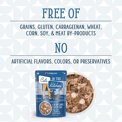 Weruva Cats in The Kitchen, 1 if by Land, 2 if by Sea with Tuna, Beef & Salmon in Gravy Cat Food