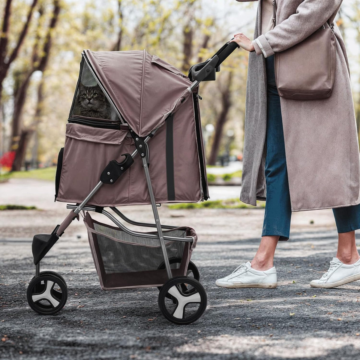 MoNiBloom Foldable Dog Strollers for Small Dogs with Weather Cover, 3 Wheels Pet Strolling Cart for