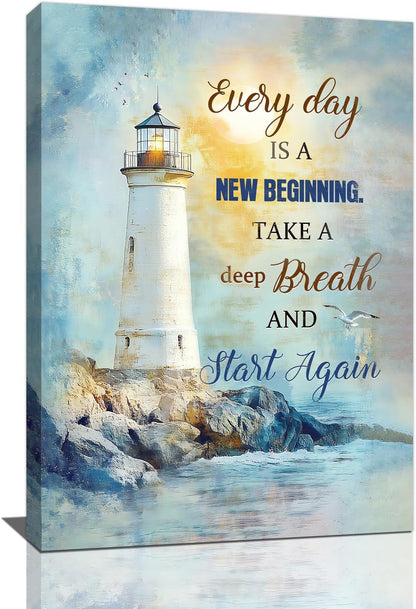 Ocean Lighthouse Pictures Wall Art, Coastal Nautical Bathroom Wall Decor Every Day is a New