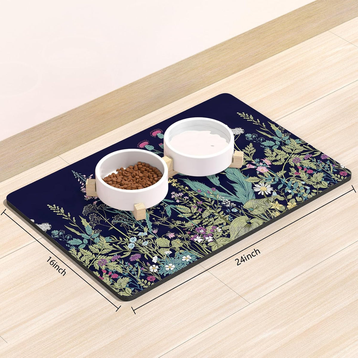 Rnivvi Dog Food Mat, 16" x 24" Flower Absorbent Dog Cat Bowl Mat for Food and Water, Cute Anti-Slip