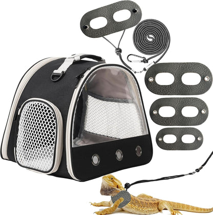 Leopard Gecko Portable Carrier with Leather Harness and Leash Set,Small Animal Travel Cage with