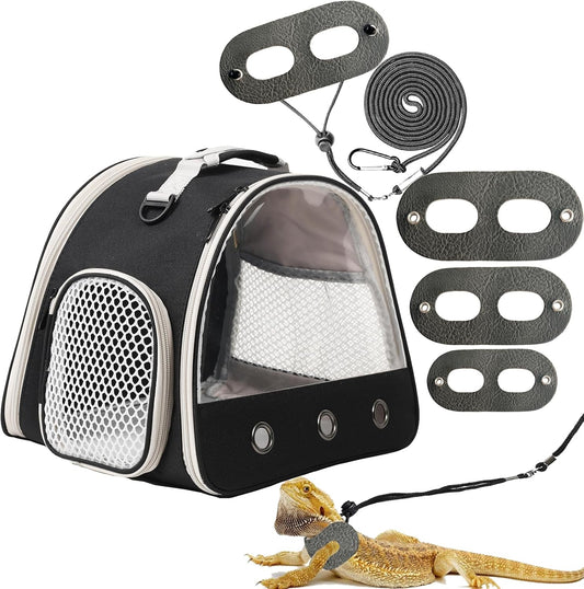 Leopard Gecko Portable Carrier with Leather Harness and Leash Set,Small Animal Travel Cage with