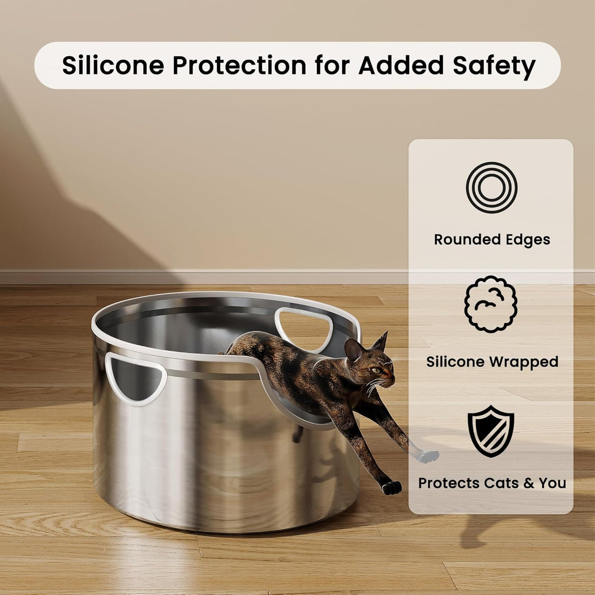 Stainless Steel Litter Box Metal with Integrated Round for XL/XXL Big and Multi Cats, 12" High Wall