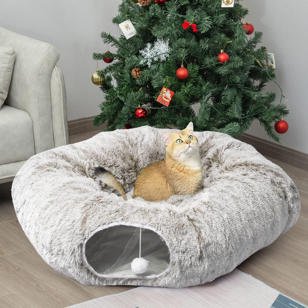 AUOON Cat Tunnel Bed - Cat Donut Tunnel with Soft Plush Circle Cushion for Indoor Cats Kitten Kitty