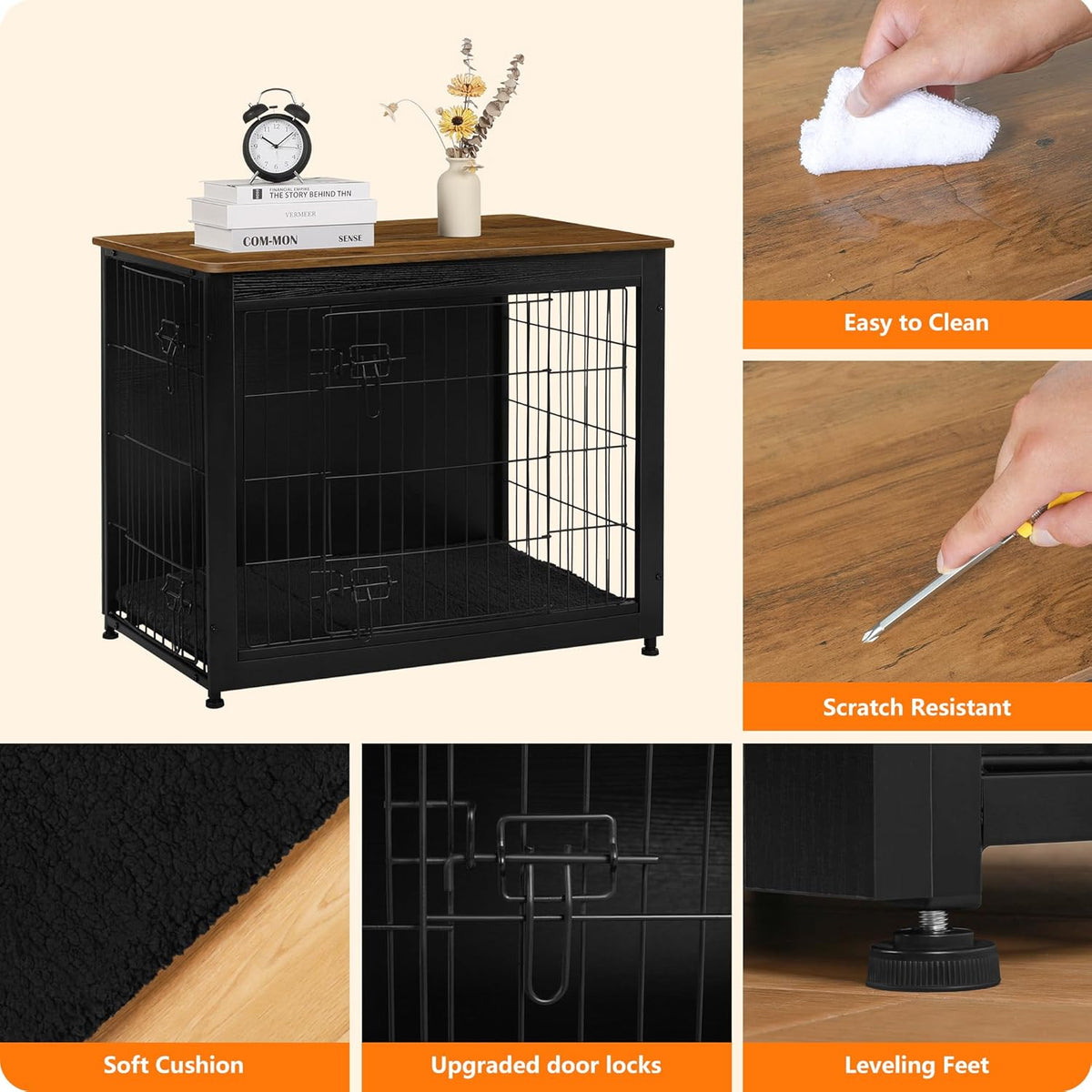 DWANTON Dog Crate Furniture with Cushion, Wooden Kennel Table with Double Doors, Indoor Dog House