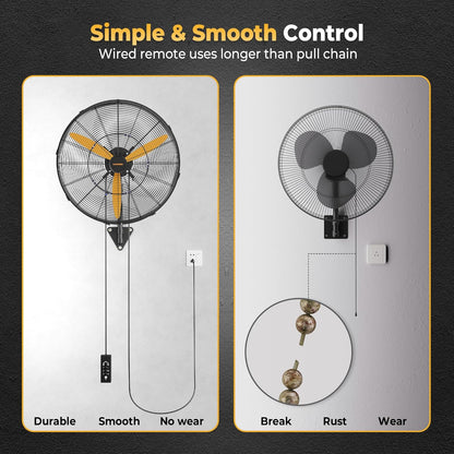 24 Inch Oscillating Misting Wall Mount Fan, Extra Long 3.9ft Wired Remote and 9.8ft Power Cord