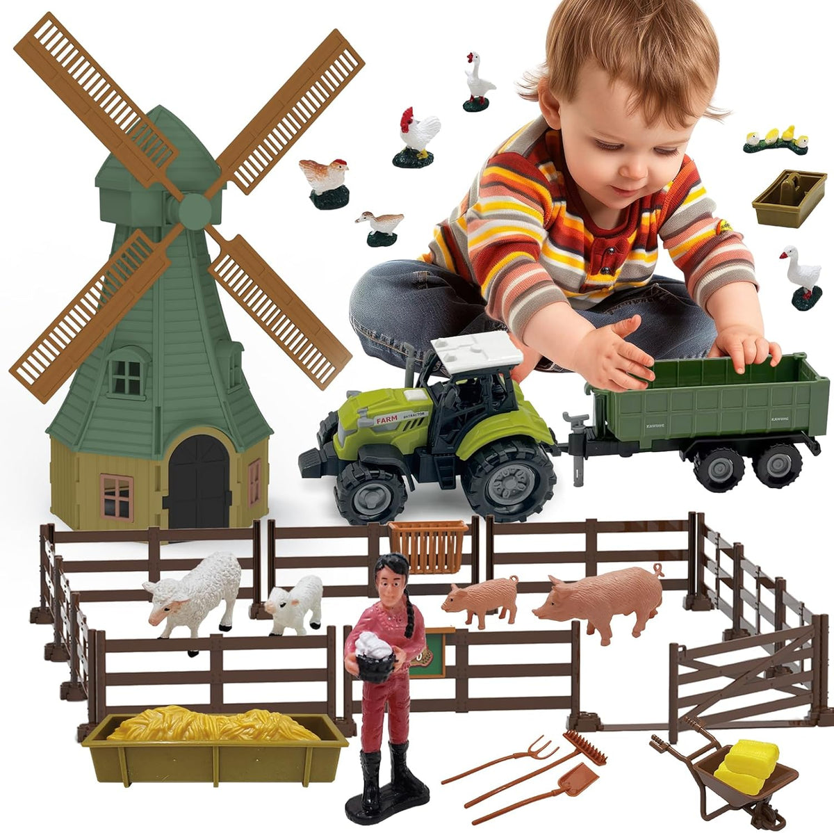 82PCS Farm Animals Toys Set Comes with Tractor Trailer, Windmill, Farmer, Fence - Playset for Kids