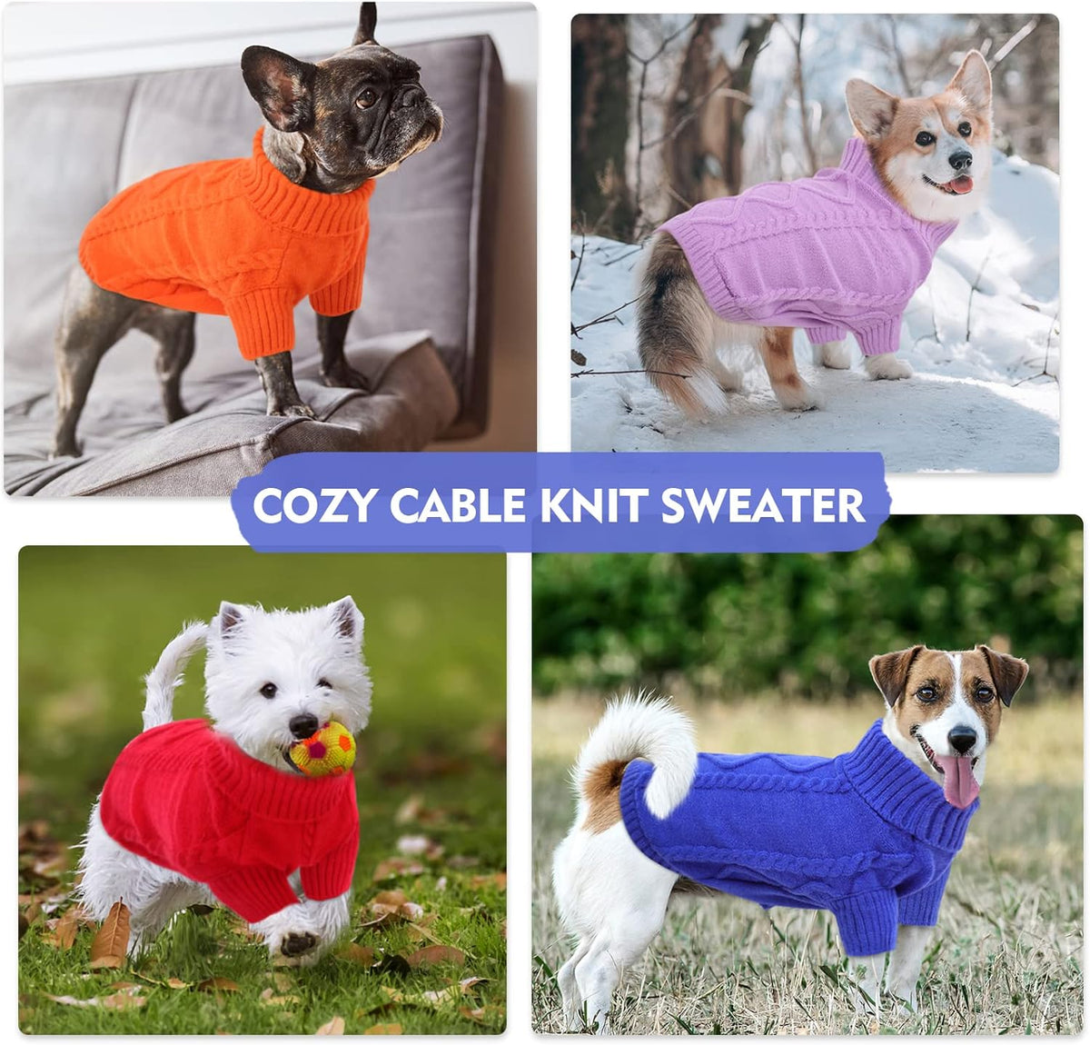 Queenmore Small Dog Pullover Sweater, Cold Weather Cable Knitwear, Classic Turtleneck Thick Warm