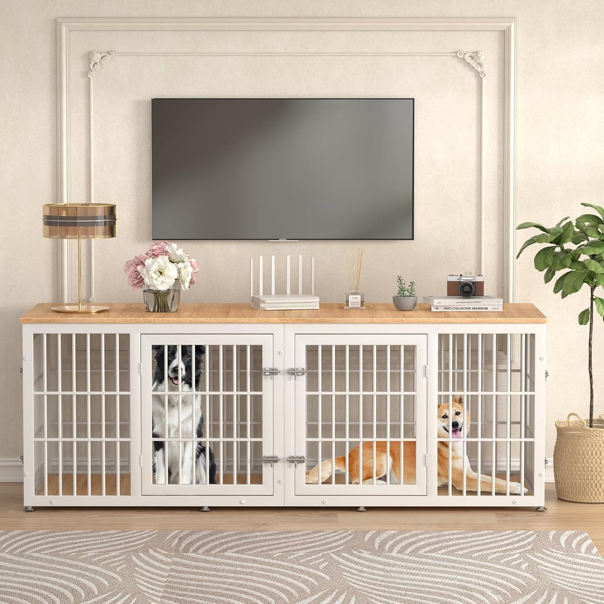 78 Inch Double Dog Crate Furniture, Heavy Duty Extra Large Cage Furniture with Divider for 2 Dogs